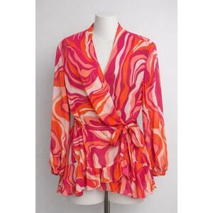 Rococo Sand Emily Wrap Dress Size L Pink Orange Long Sleeve Mini Bohemian Resort
